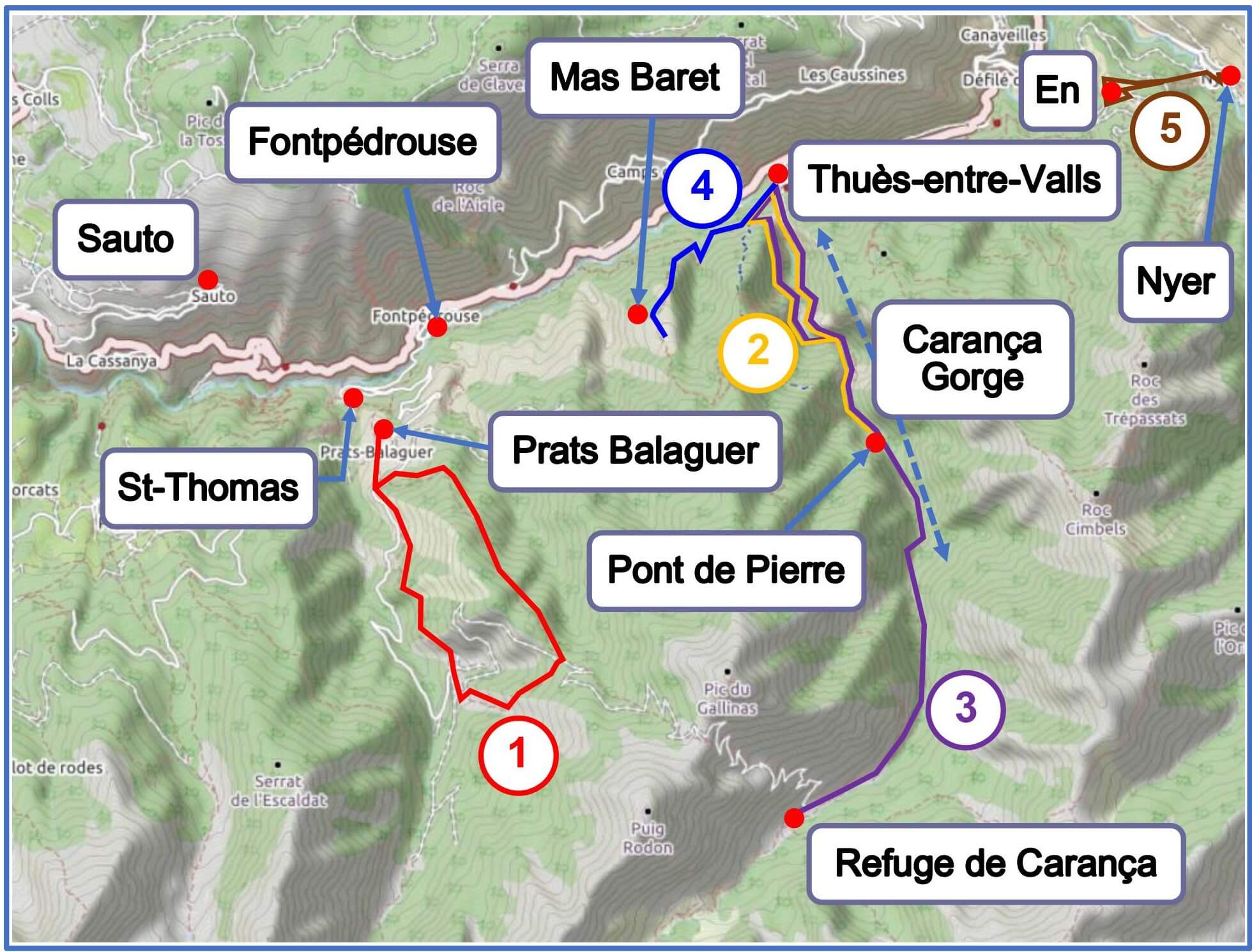 Itinéraires Fontpédrouse et Thuès et Carança carte