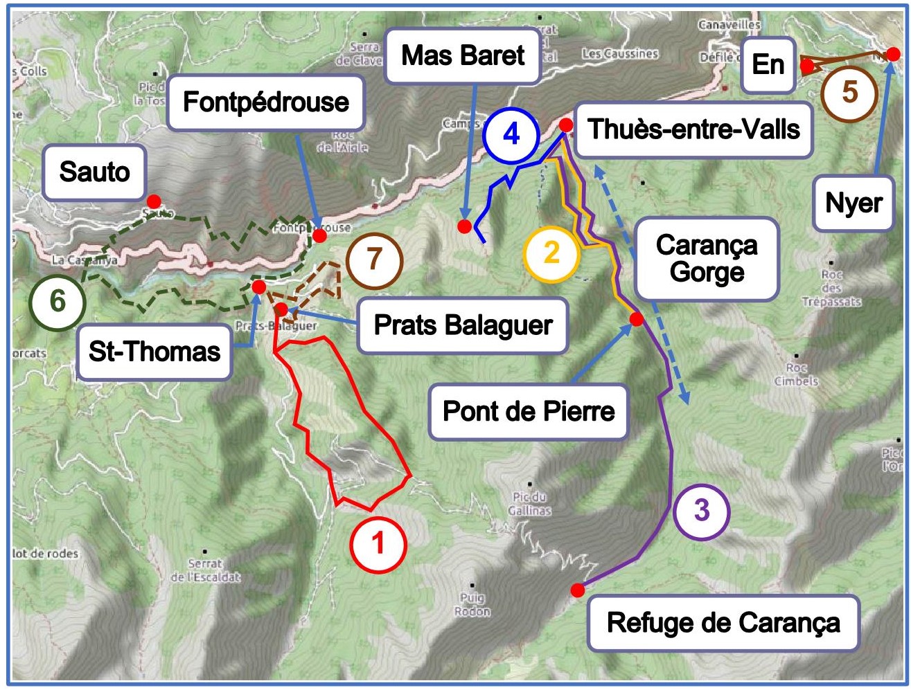 Itinéraires Fontpédrouse et Thuès et Carança carte